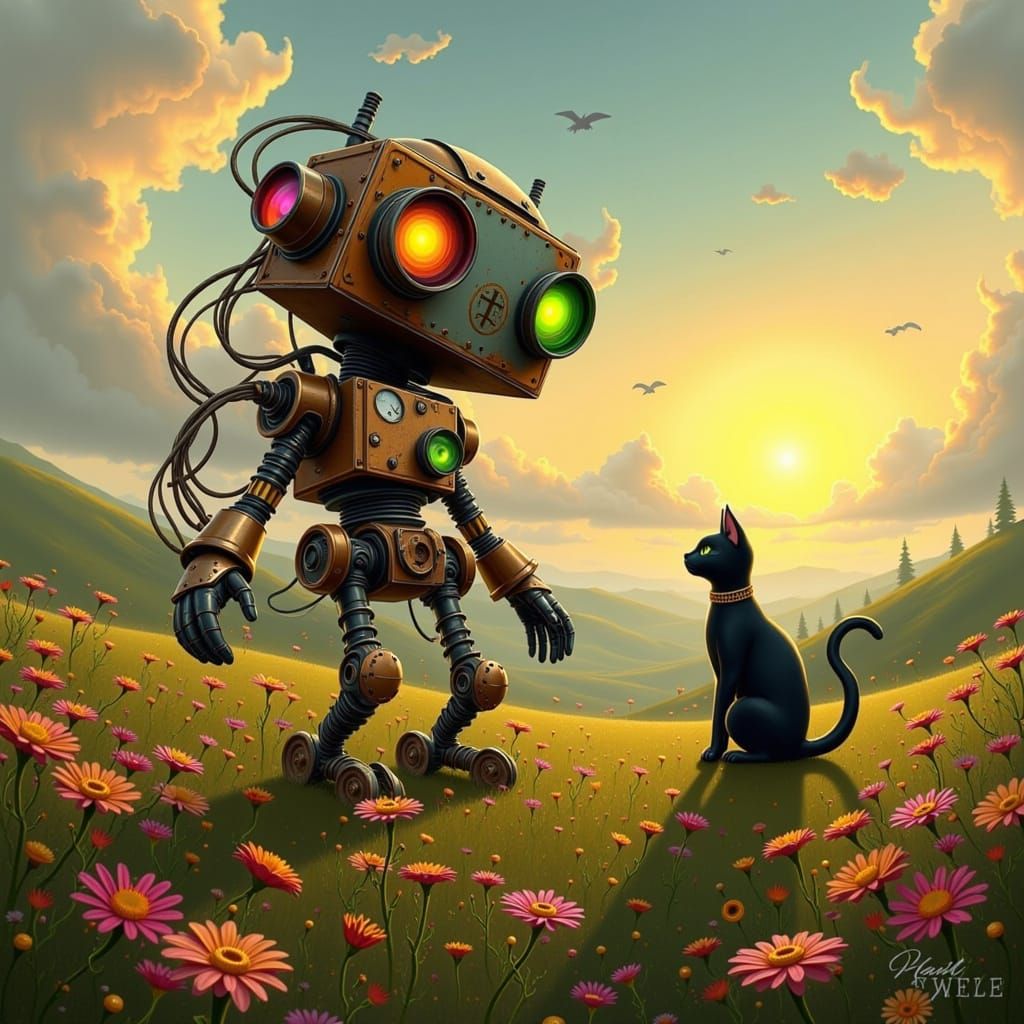 Steampunk Robot in Dreamy Landscape in Realist Style