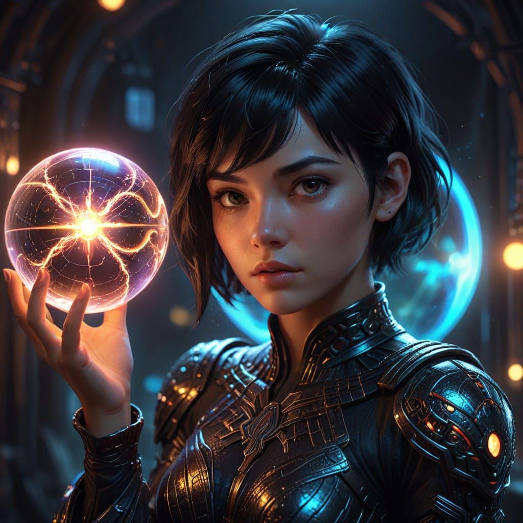 Sci-Fi Woman with Glowing Orb, Digital Art Masterpiece