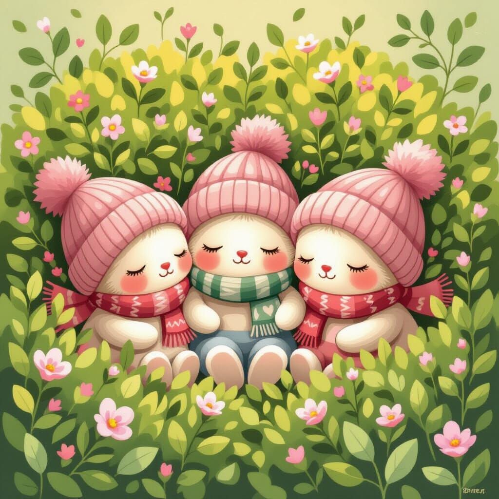 Pink Pompoms Sleeping in Bush as Whimsical Art