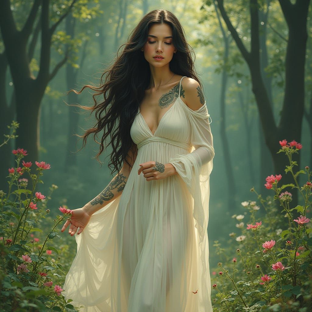 Ethereal Art Nouveau Woman in Enchanted Forest