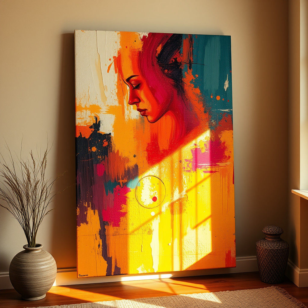 Expressive Abstract Art Piece in Warm, Cozy Room