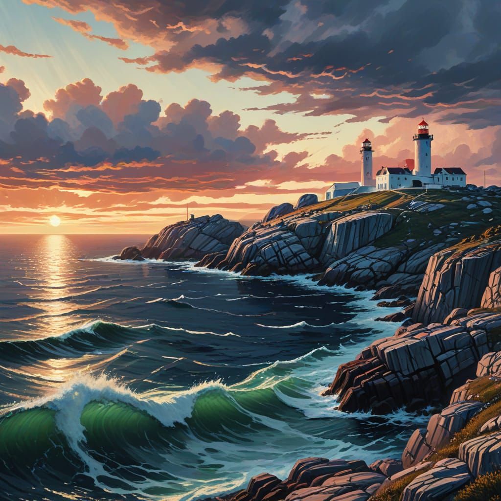 Gouache Painting of Lindesnes Lighthouse at Dawn