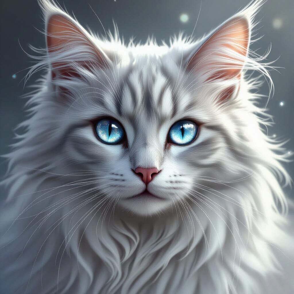 Majestic Silver Cat with Diamond Eyes in Hyperrealistic Styl...