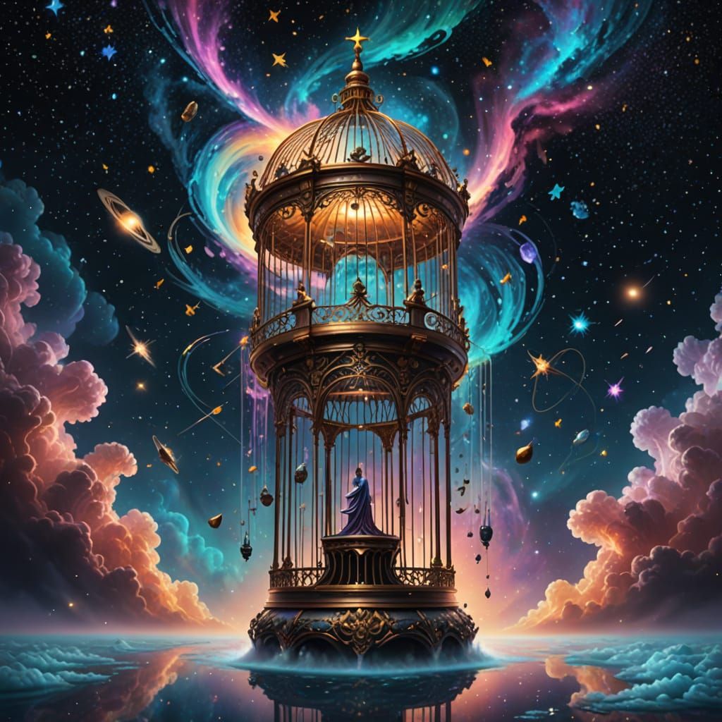 Ornate Birdcage in Cosmic Expanse with Nebula Waterfall