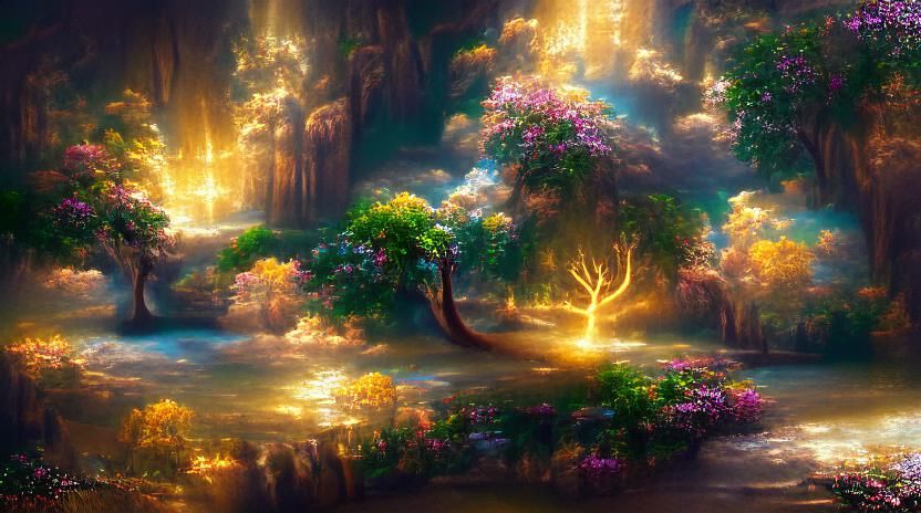 Eden's Shimmering Tree in Bierstadt Style