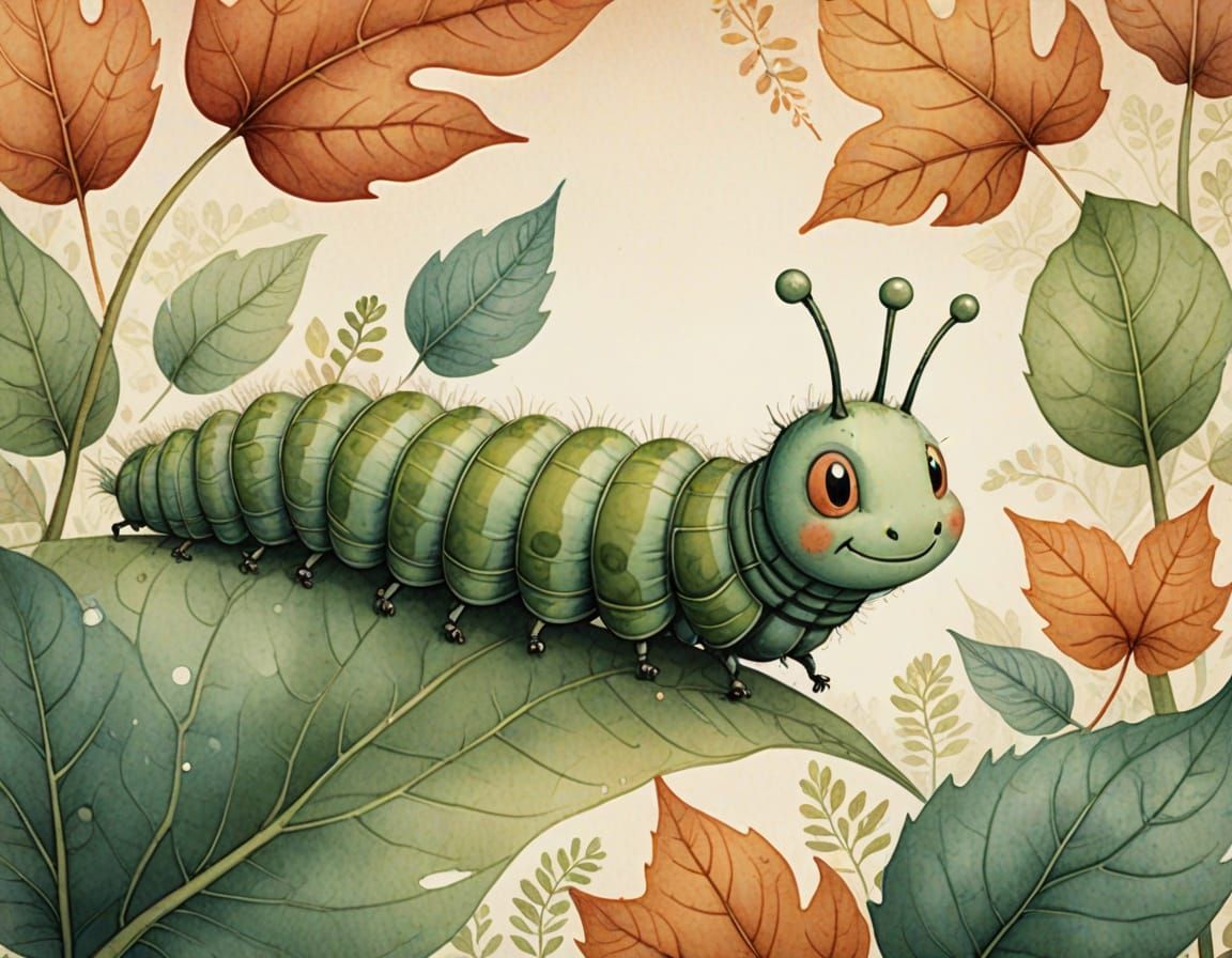 Happy Caterpillar in Watercolor Children's Book Style