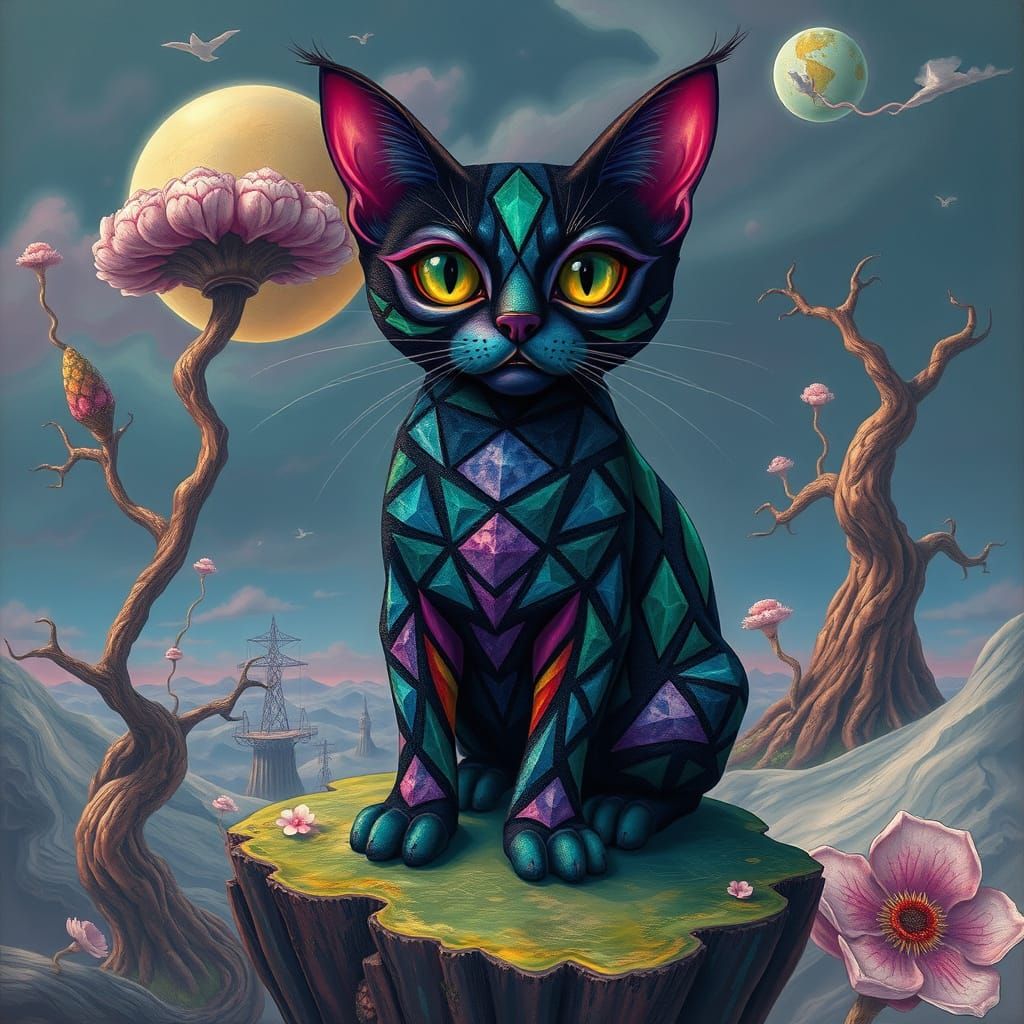 A whimsical painting of an anthropomorphic cat, dressed in a...