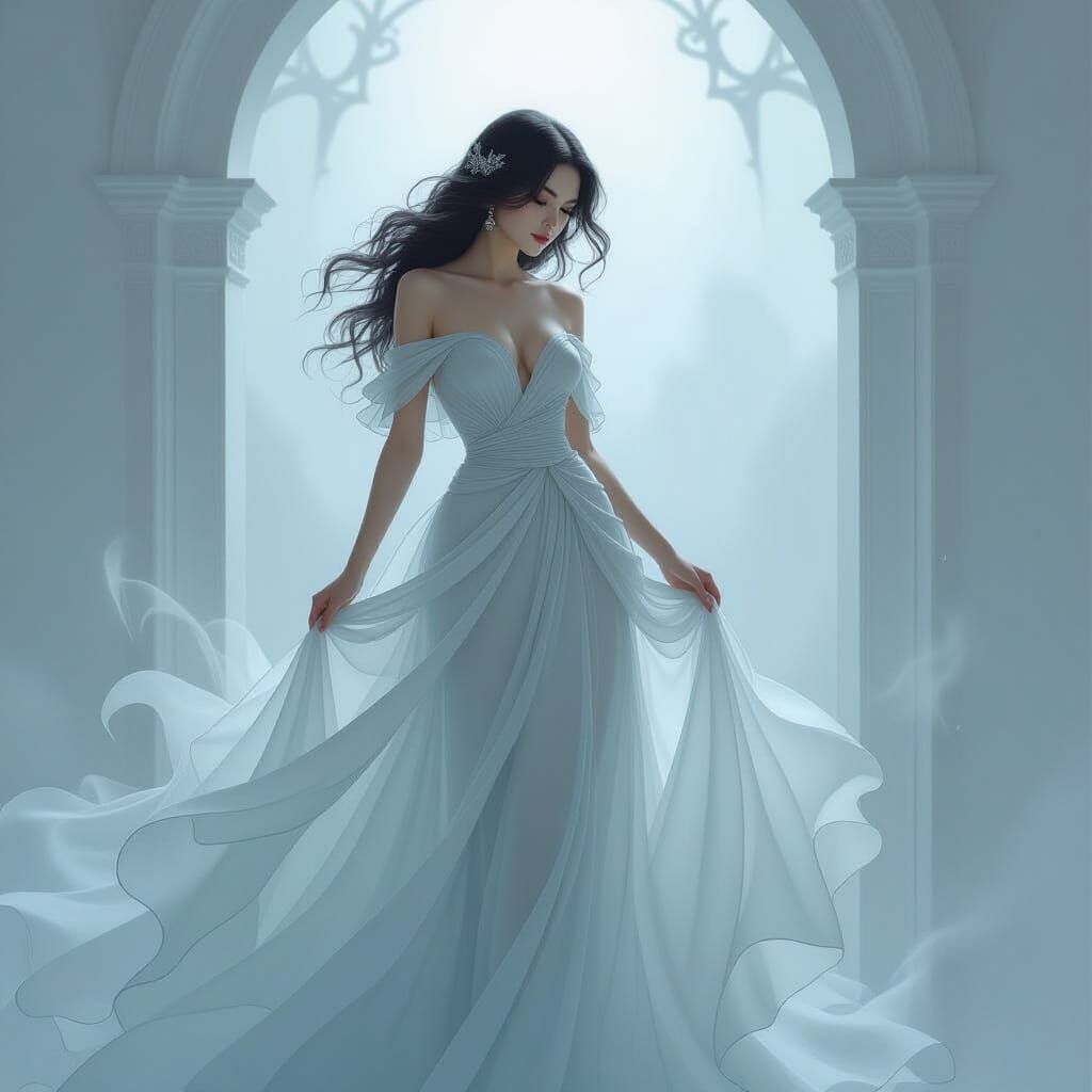 Ethereal Woman in Flowing Gown, Dreamlike Illustration