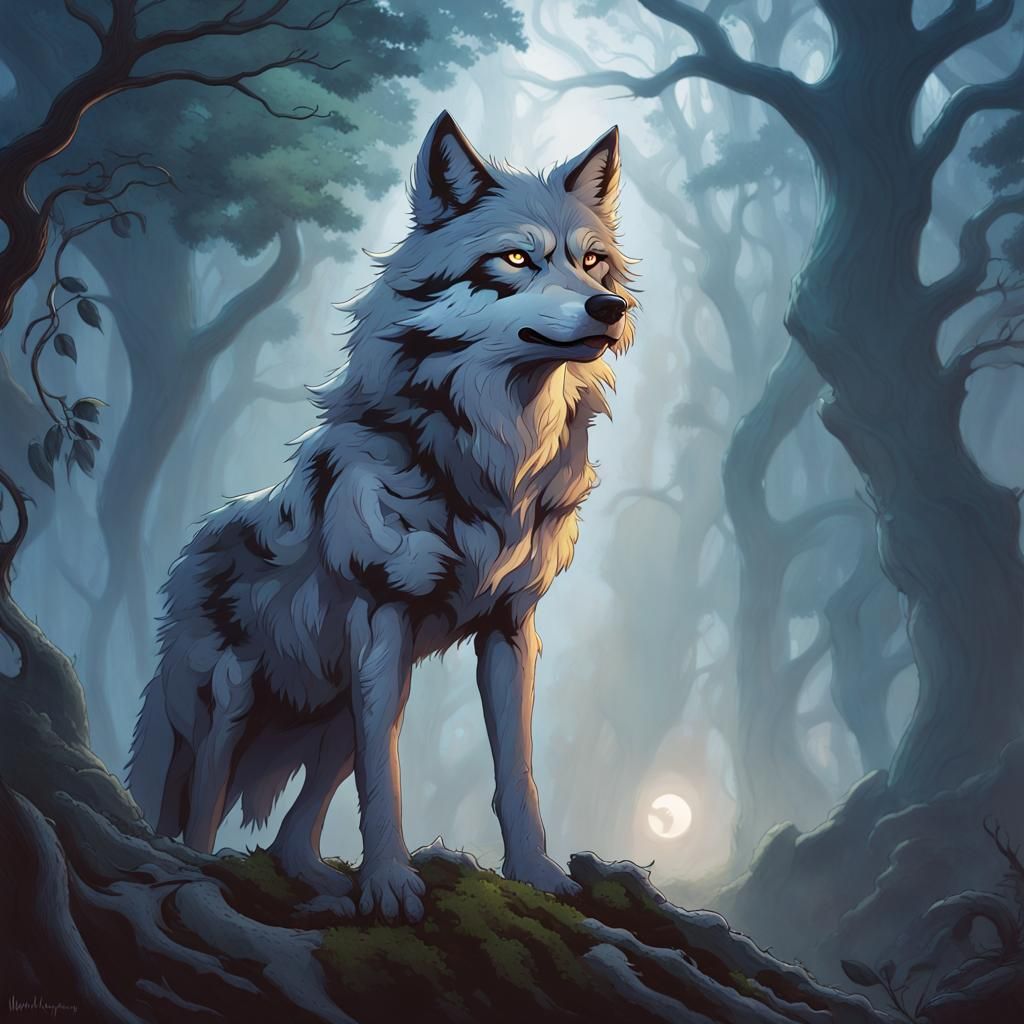 Ethereal Wolf Goddess in Fantasy Forest