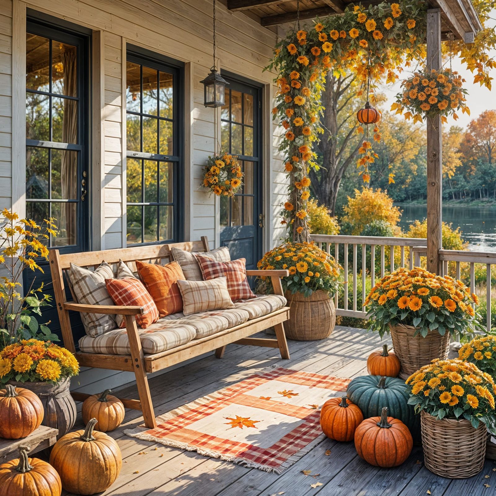 Cozy Autumn Lakeside Porch in Watercolor Style