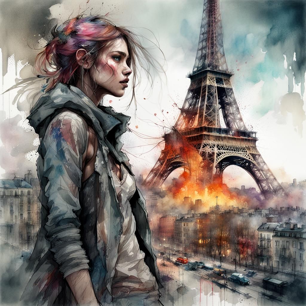 Post-Apocalyptic Paris: Digital Watercolor Illustration