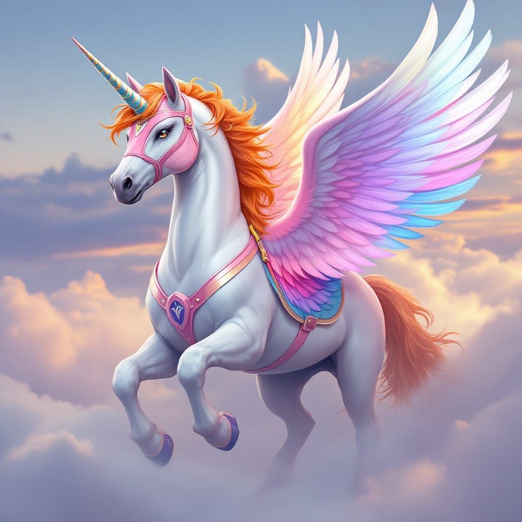 Majestic Winged Unicorn in Dusky Clouds