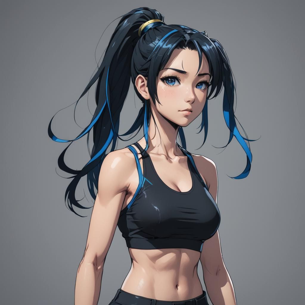 Anime Girl with Blue Streaks, Cel-Shaded Style