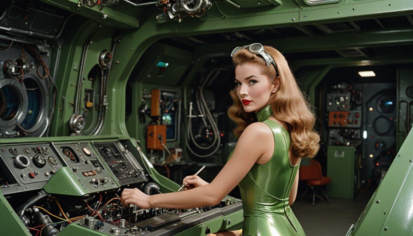 Retro-Futuristic Woman Repairs Spaceship in PVC Swimsuit