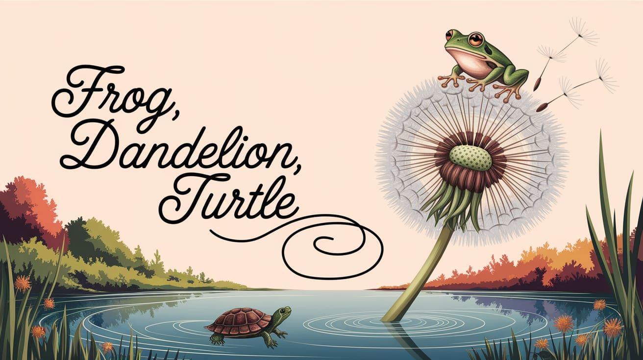 Dreamlike Scene of Frog, Dandelion, and Turtle in Soft Hues
