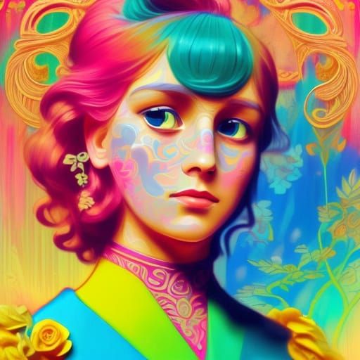 Woman in Pink and Blue Retro Dress in Art Nouveau Style