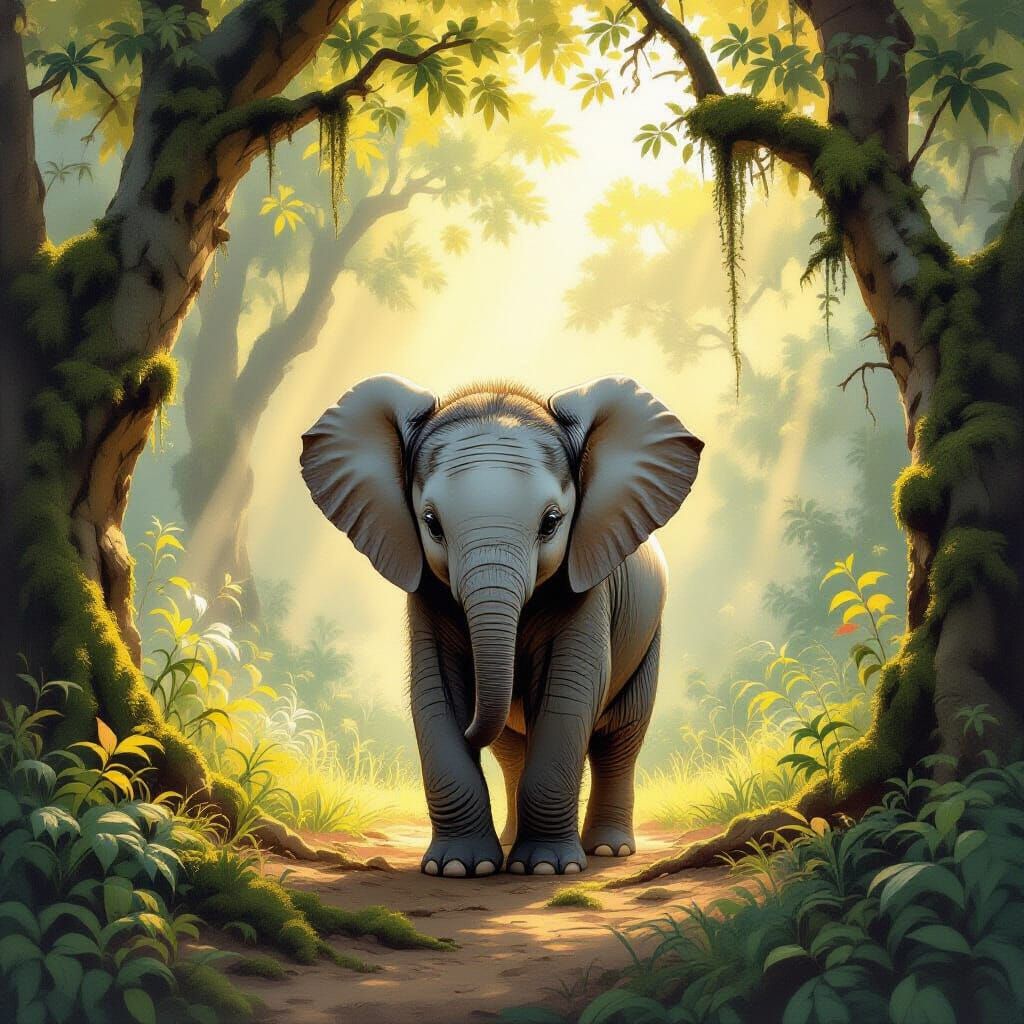 Majestic Elephant Calf in Ethereal Jungle Light