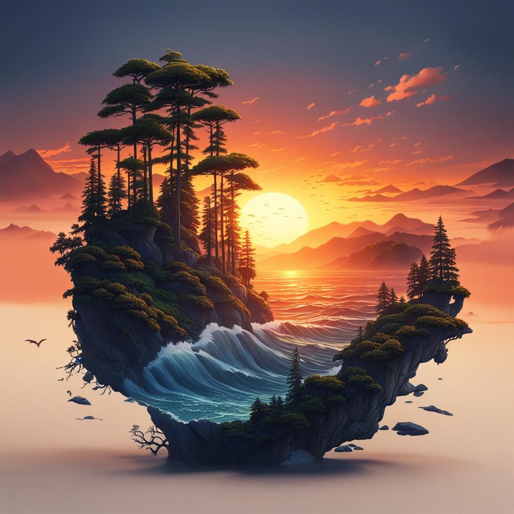 Sunset Seascape: Coastal Forest Mountains Illustration