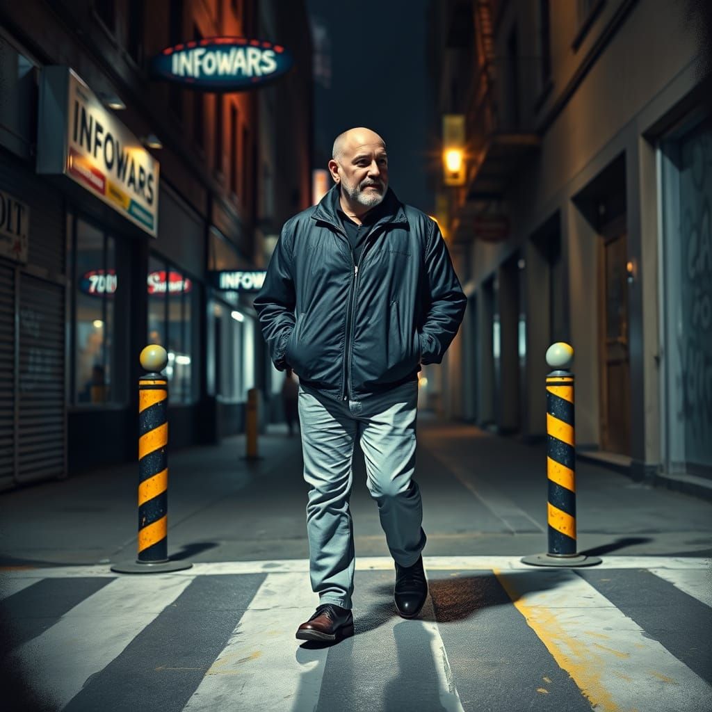 Alex Jones Walking in Urban Alleyway at Night