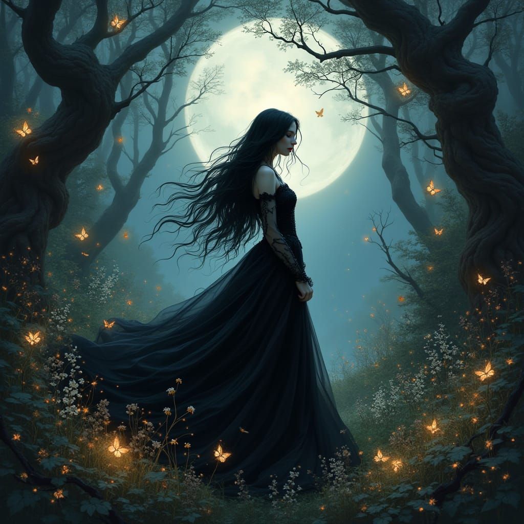 Gothic Princess in Moonlit Forest with Ethereal Butterflies