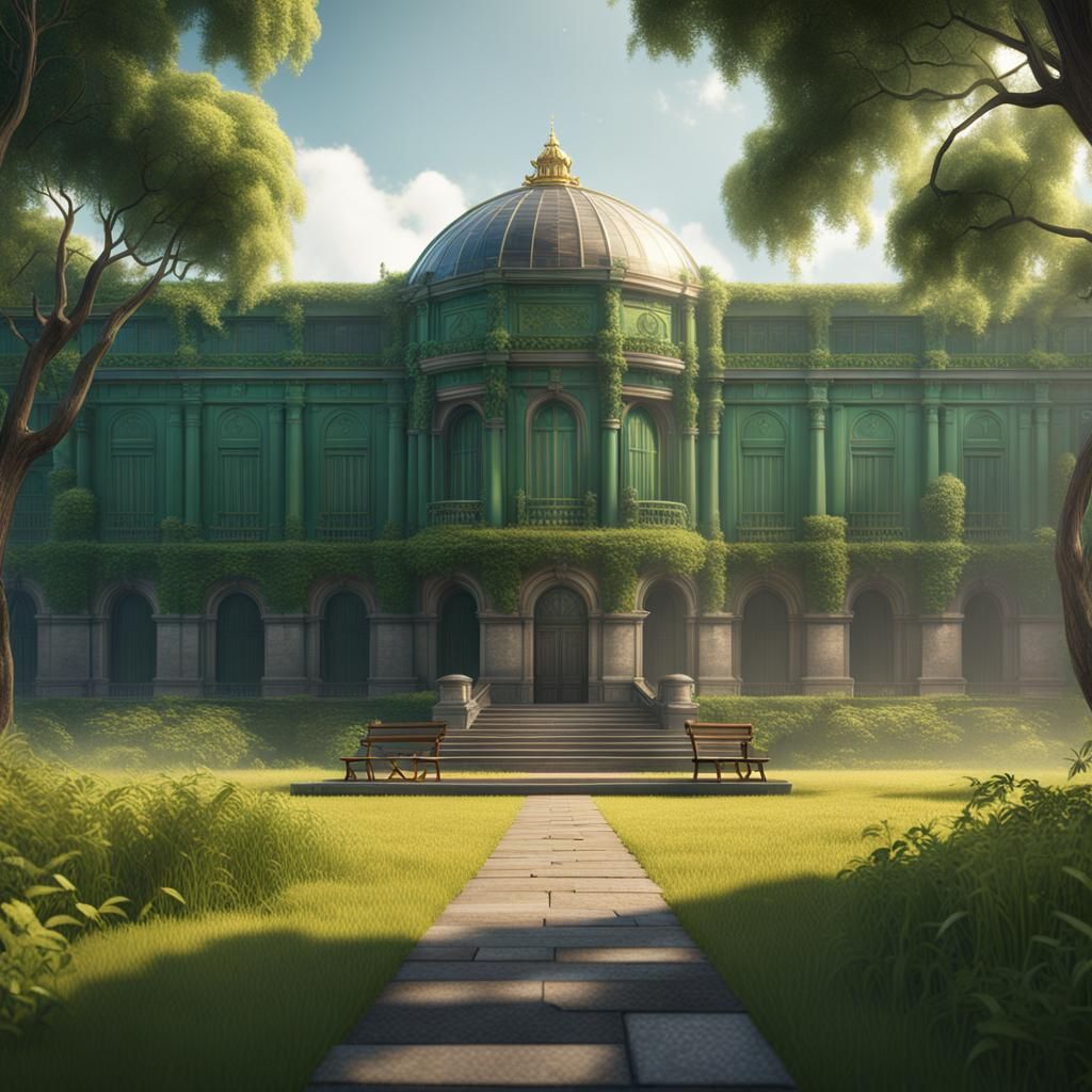 Sunlit Building by Green Field: Matte Painting