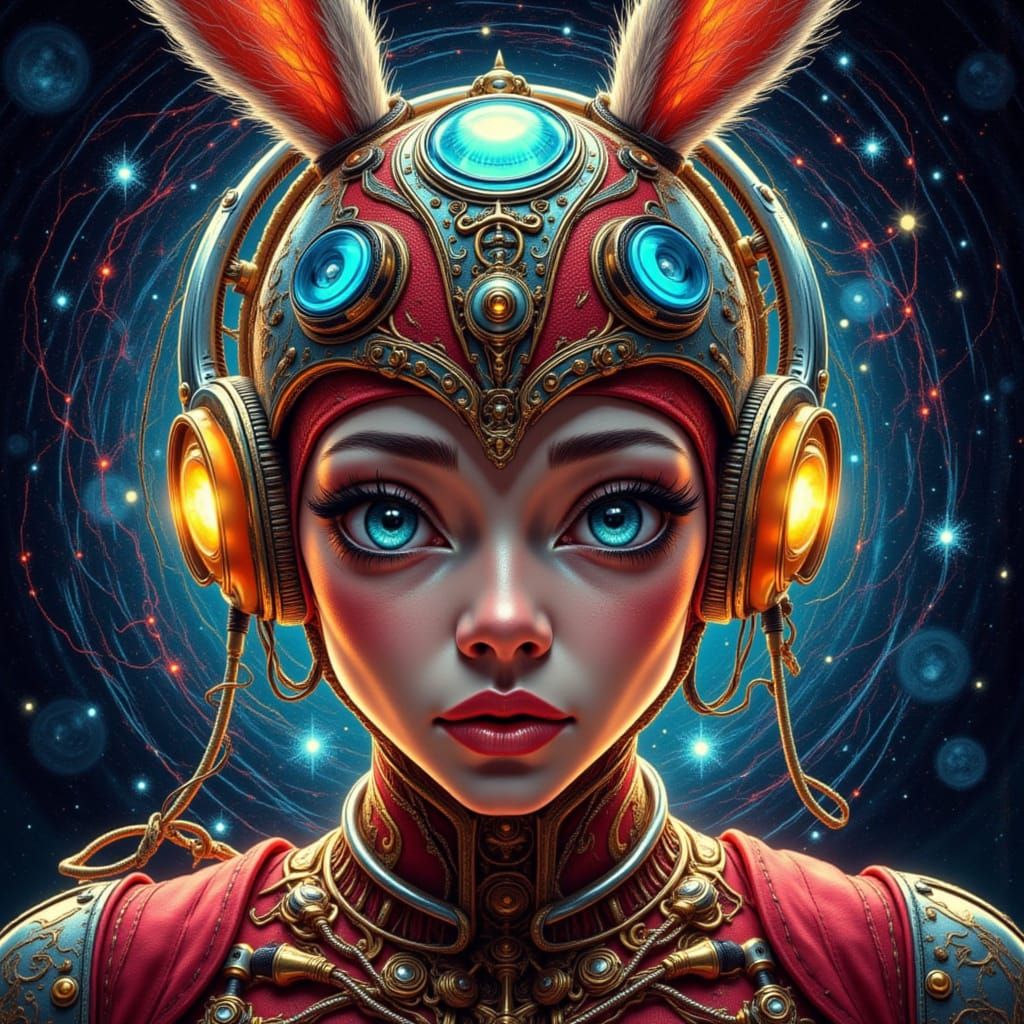 Futuristic Stargazer Pinup Girl with Bunny Ears