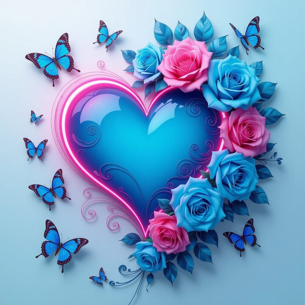 Enchanting Neon Heart with Roses and Butterflies