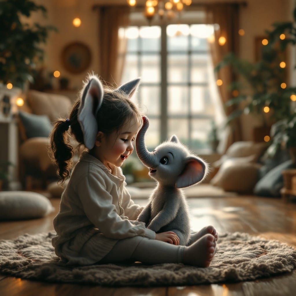 Tiny Elephant's Cozy Lap Session in a Whimsical Scene
