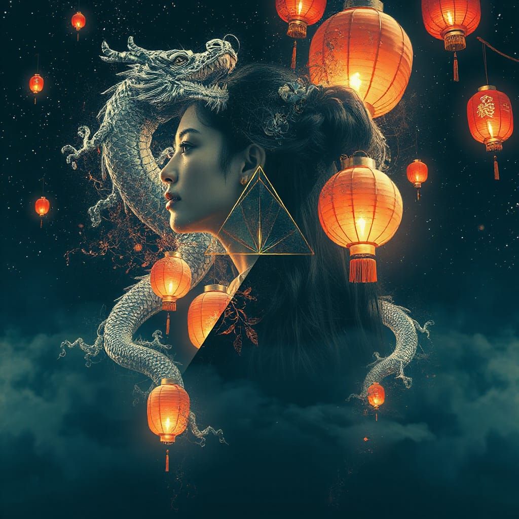 Surreal Double Exposure: Dragon and Lanterns