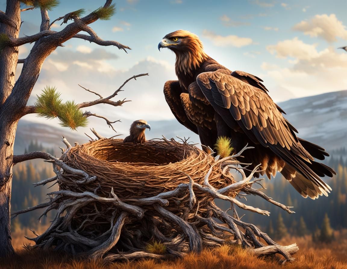 Golden Eagles Nest in Tall Pine: Hyperrealistic Digital Art