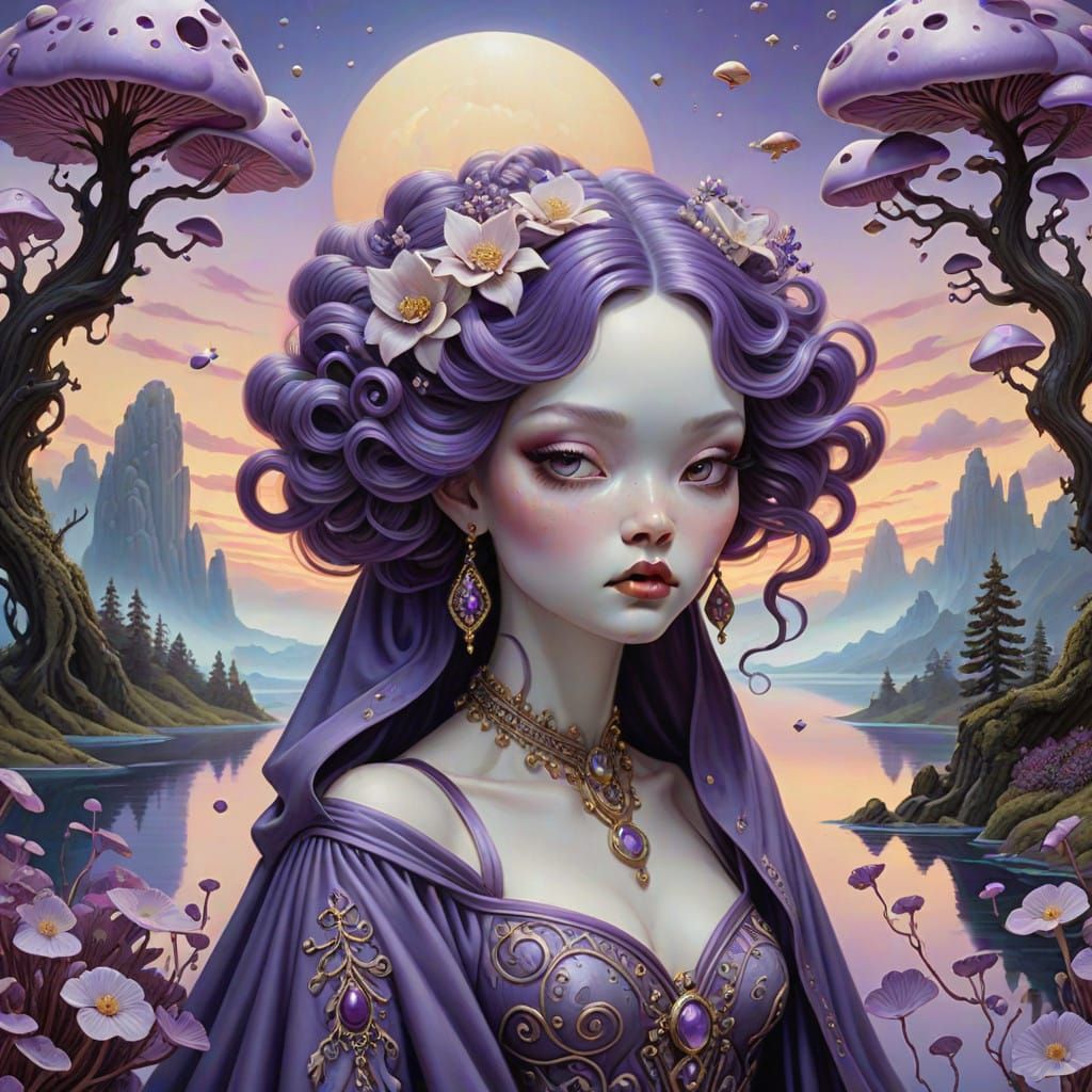 Ethereal Purple Dreamscape with Enchanting Woman
