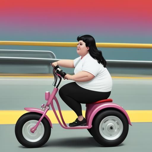 Woman Rides Tricycle on Highway in Abstract Art