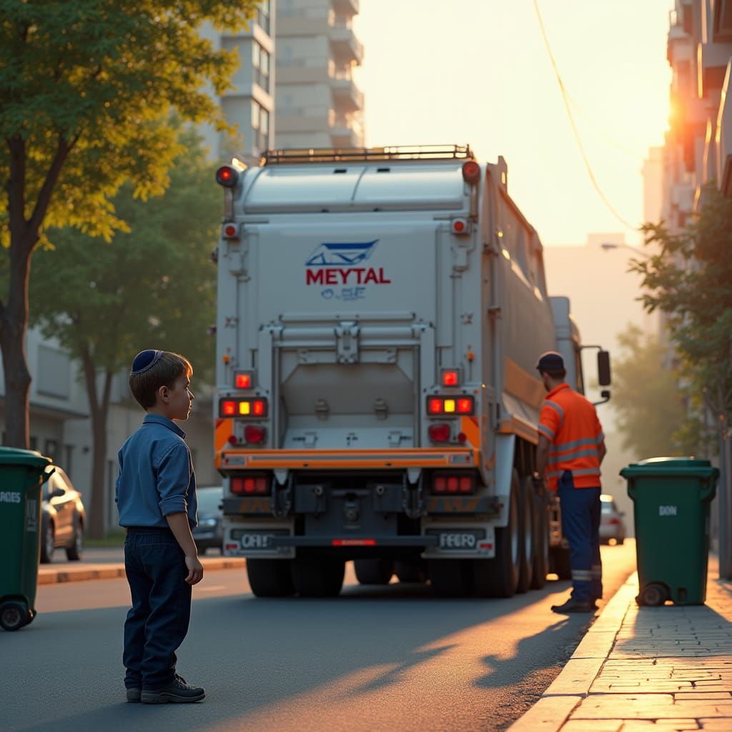 Orthodox Jewish Boy Looks at Israeli Garbage Truck in Urban ...