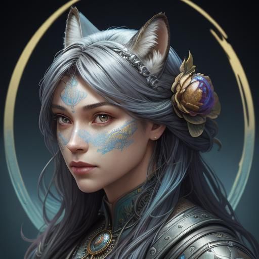 Fox-Girl Portrait with Gum Candy in Art Nouveau Style