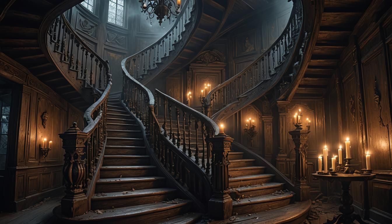 Haunted Staircase with Ghostly Figures, Detailed Matte Paint...