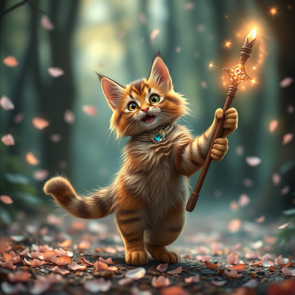 Dancing Cat Wizard in a Mystical Forest