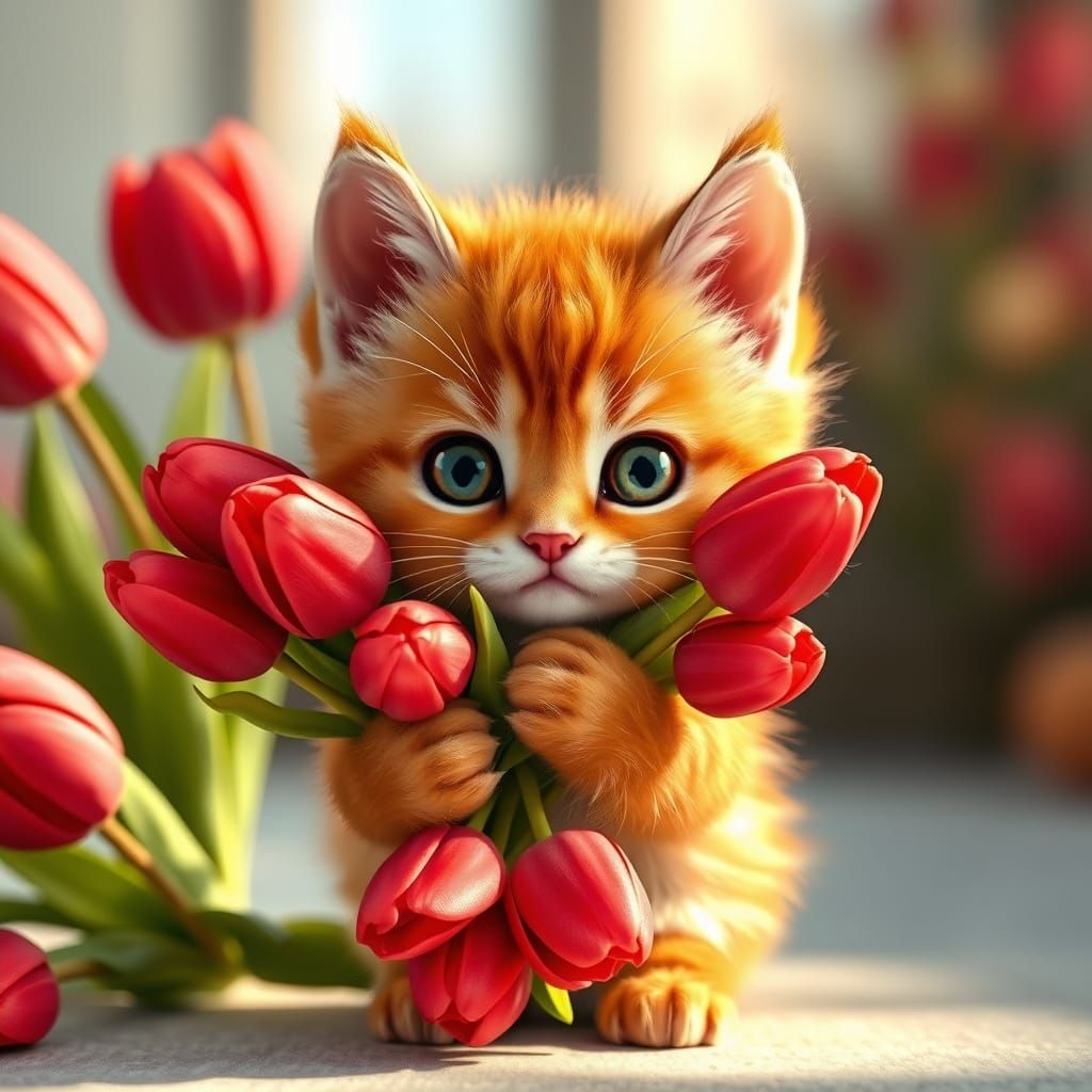 Cute Cartoon Kitten Holds Vibrant Tulip Bouquet in Dreamlike...