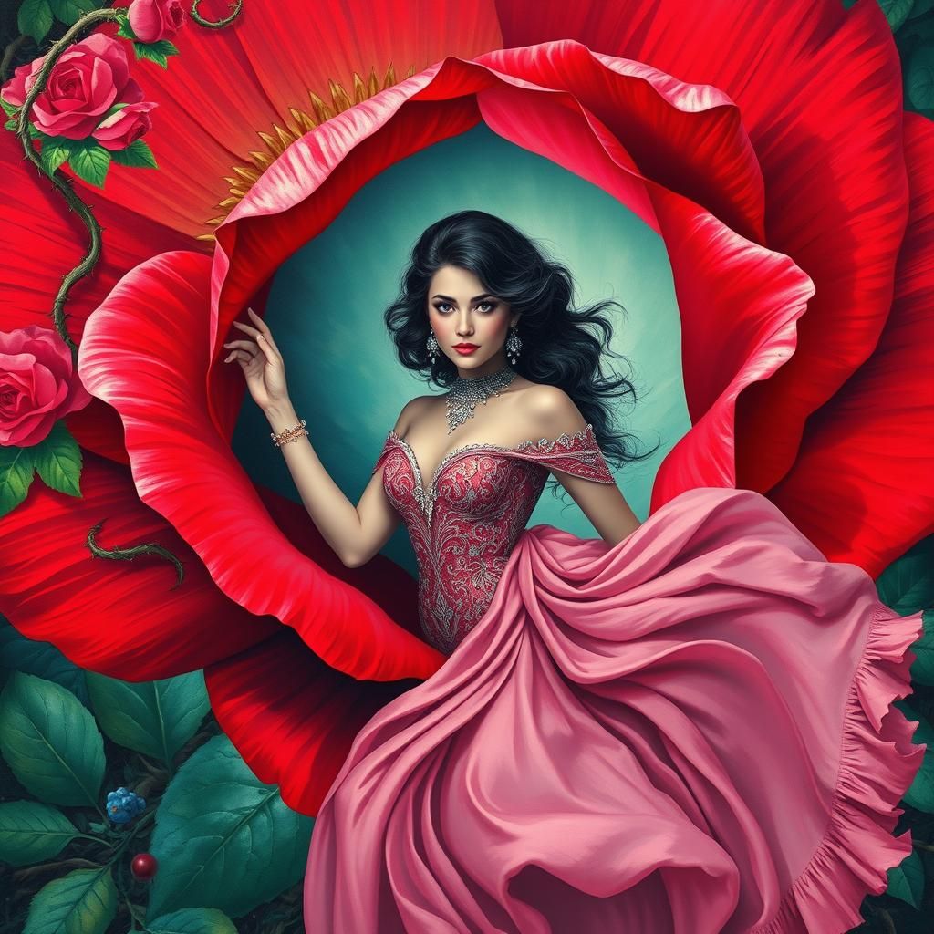 Woman Emerging from Rose in Fantasy World