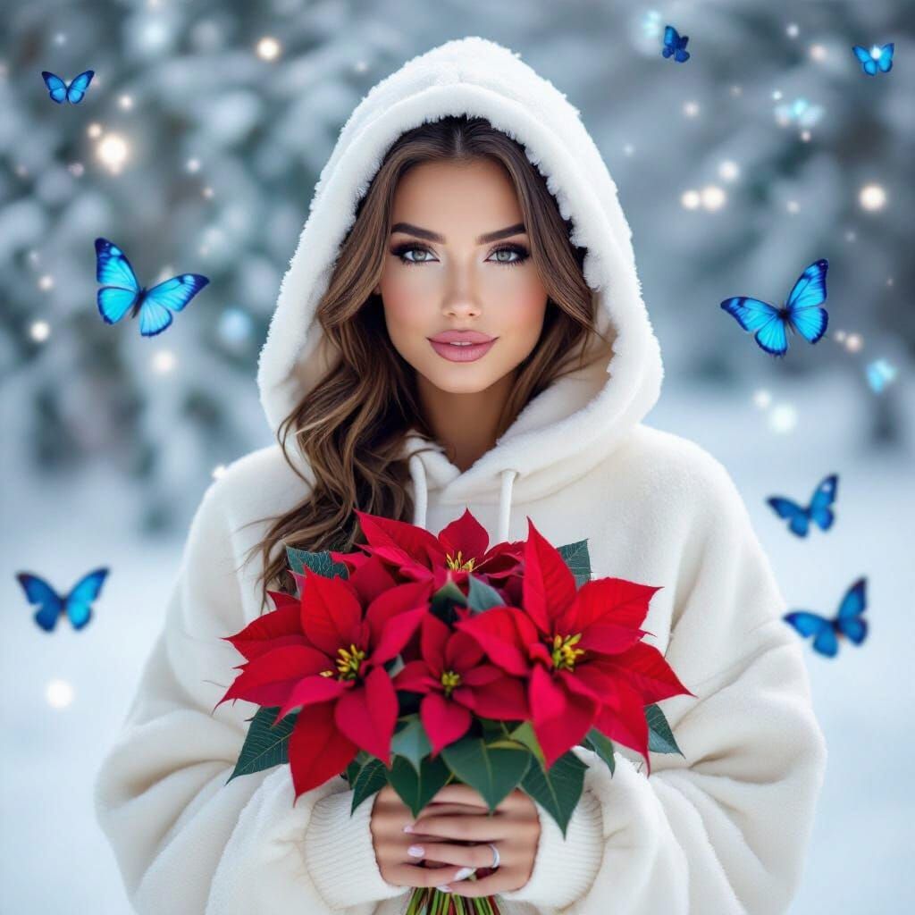 Woman in Hoodie Holds Poinsettias Amidst Snow and Butterflie...