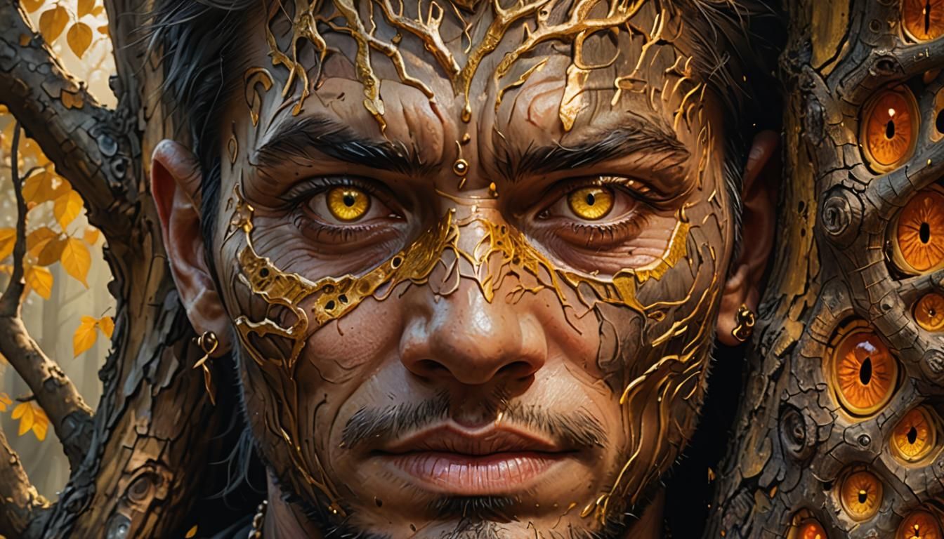 Half-Human, Half-Tree Portrait with Gold Jewelry