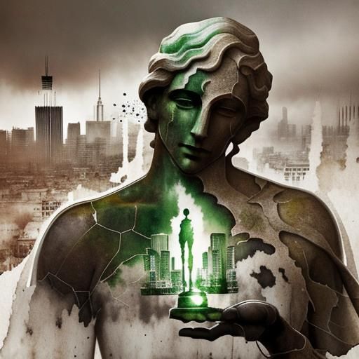 Marble Statue and Dystopian Cityscape in Double Exposure