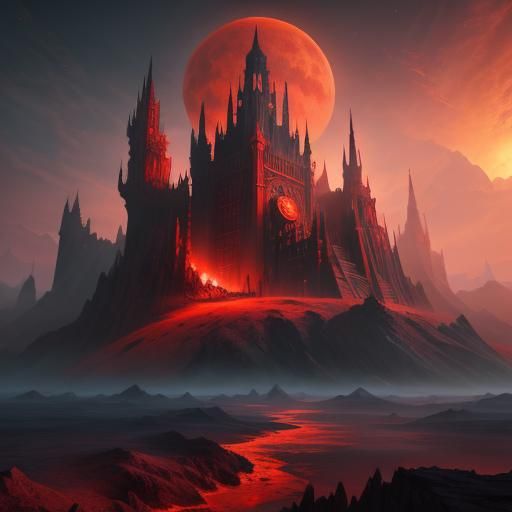 Fantastical Crimson Castle in Deep, Dreamlike Colors