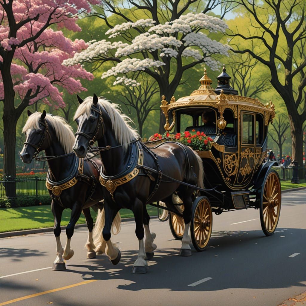 Majestic Horse Pulls Luxurious Carriage in Central Park