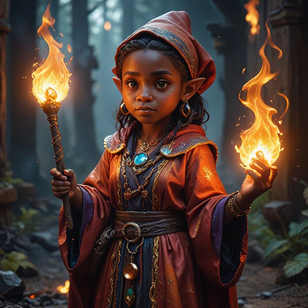 Gnome Sorceress Casting Fireball in Oil Painting Style