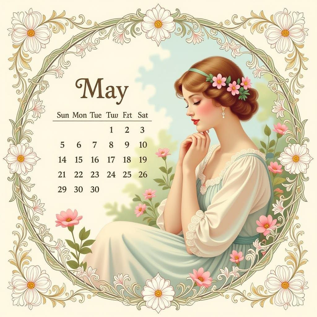 Surreal May Calendar in Art Nouveau Style with Whimsical Flo...