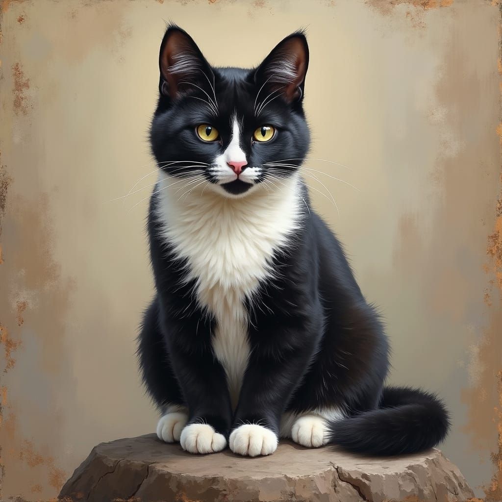 Tuxedo Cat Sitting Regally on Rock in Expressive Palette Kni...