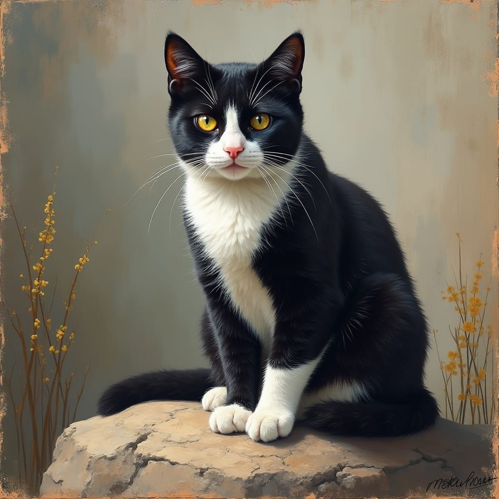 Regal Tuxedo Cat in Oil Painting Style