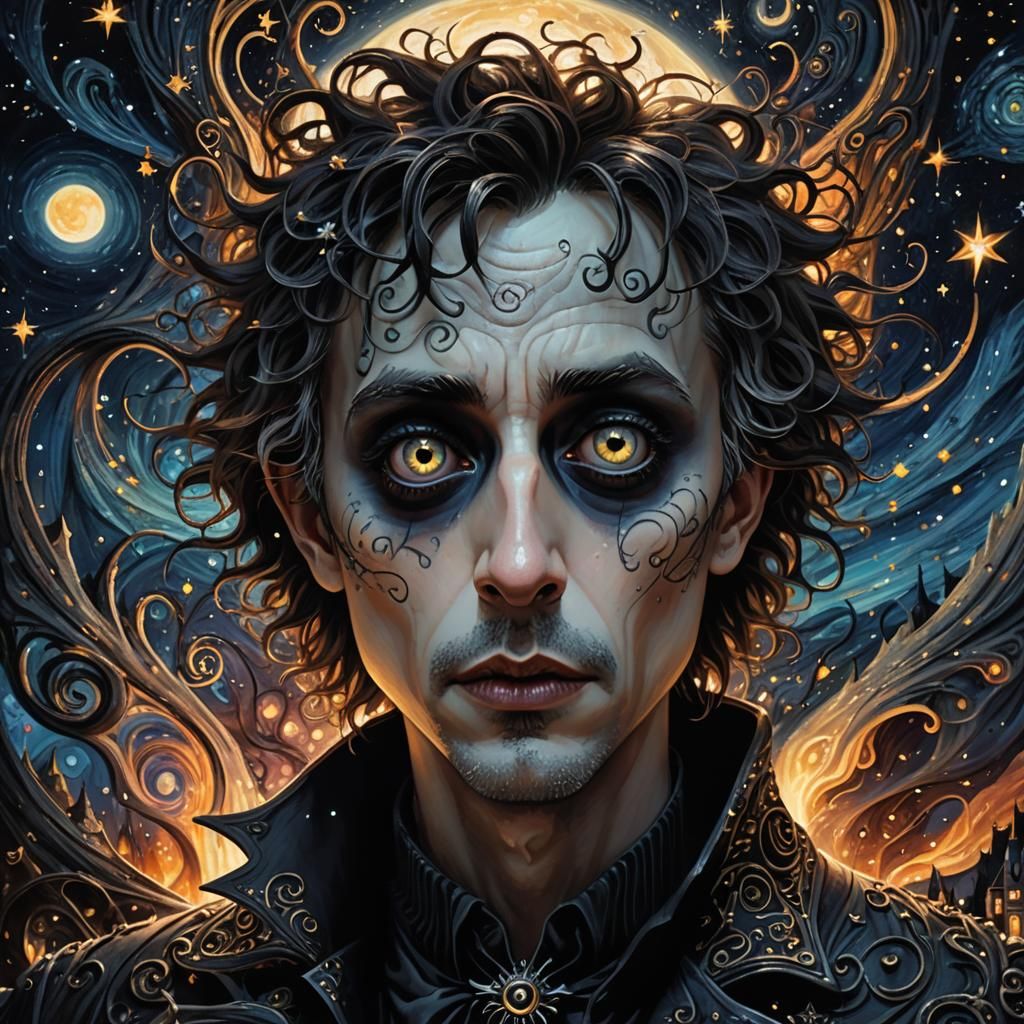 Gothic Character in Swirling Starry Night Sky