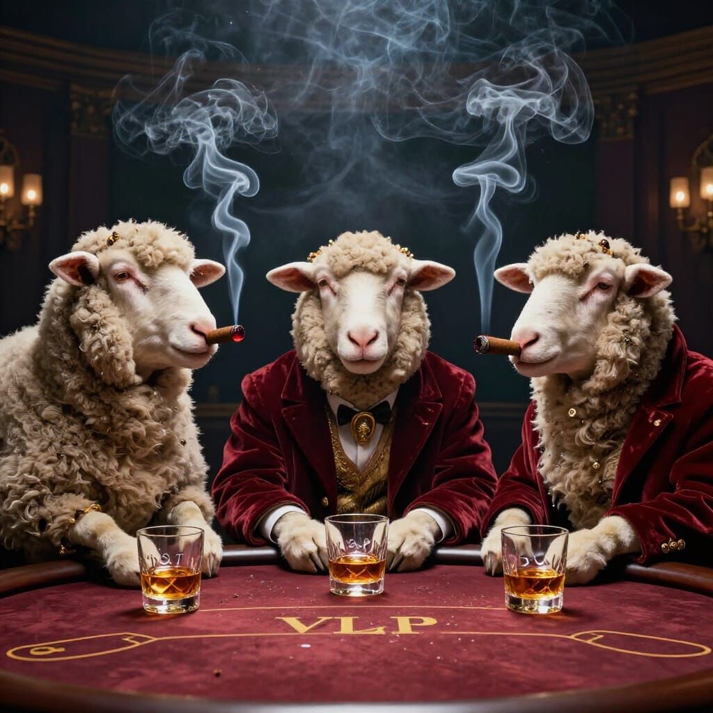 Sheep Play Poker with Cigars and Whiskey