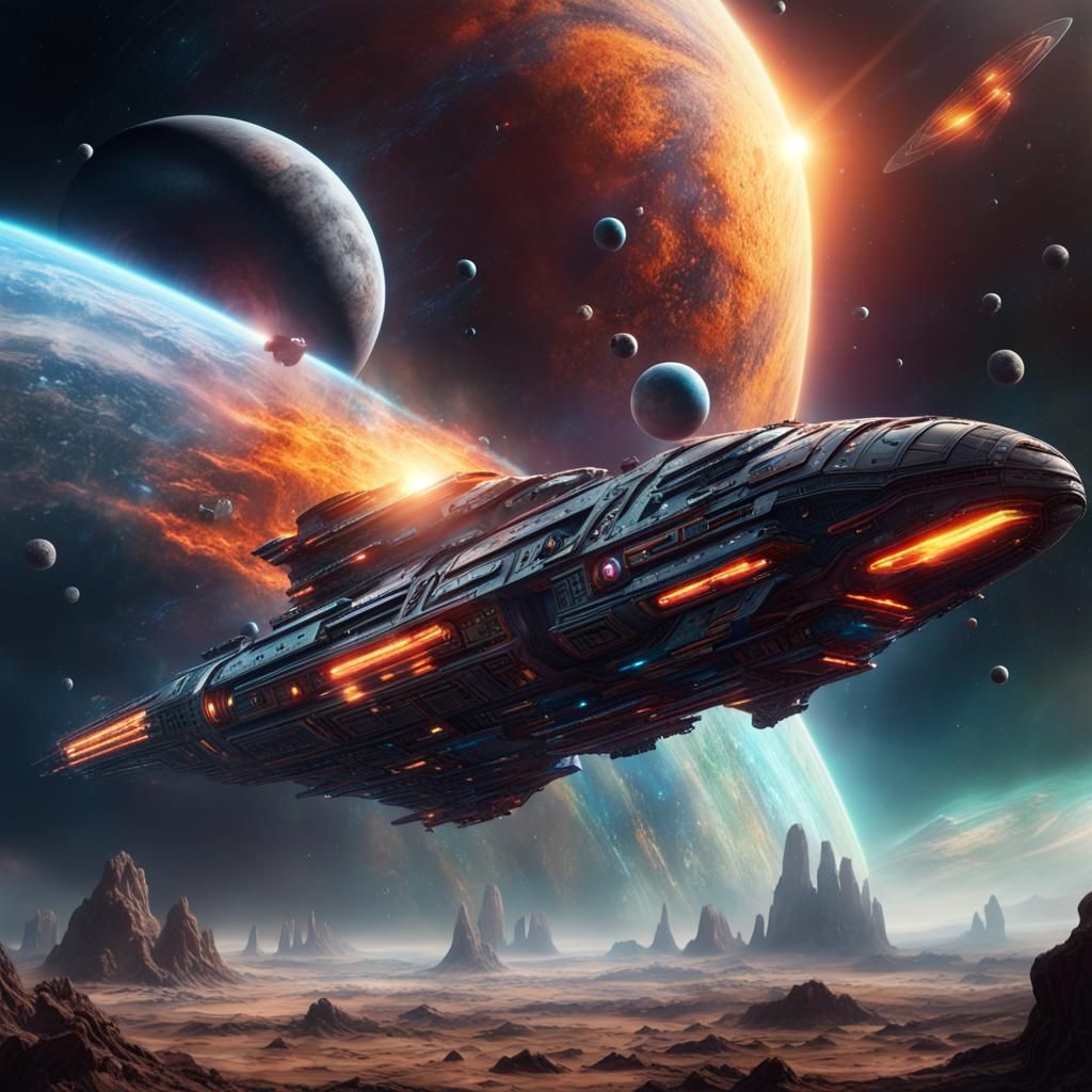 Sleek Spaceship Races Through Colorful Asteroid Field